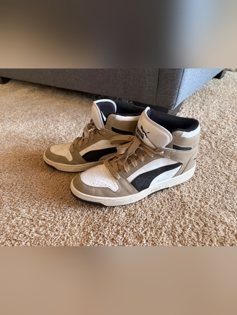 Puma High-Top Sneakers in Beige, White & Black